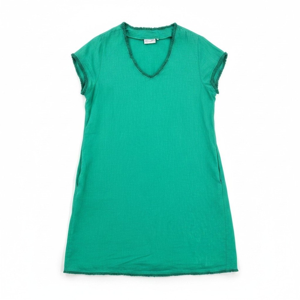 Foil Linen Shift Dress Mini Green Fringe Trim Pockets V-Neck Cap Sleeve Size 8